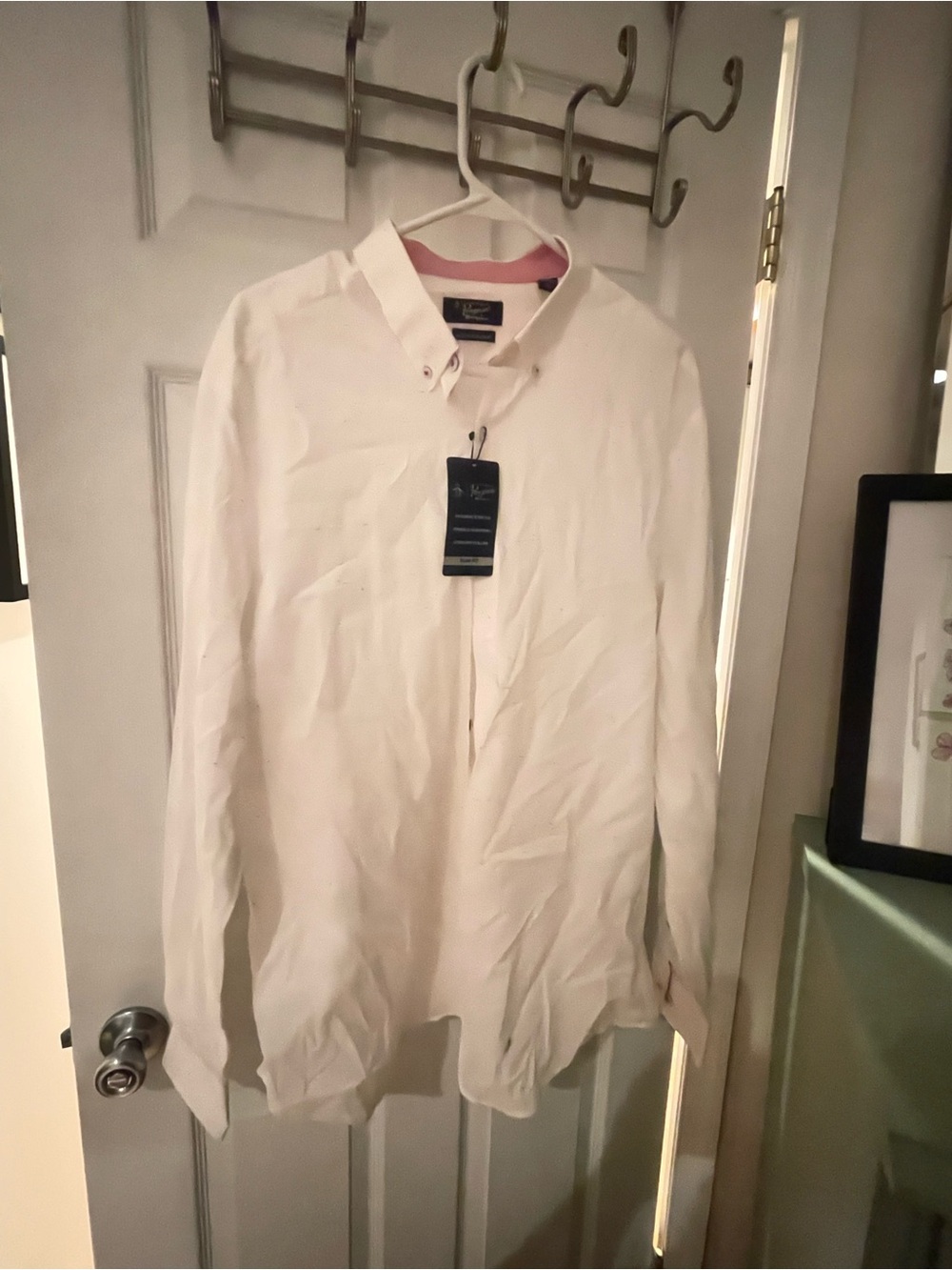Original Penguin Men's White Button-Down Shirt with Pink Collar Trim